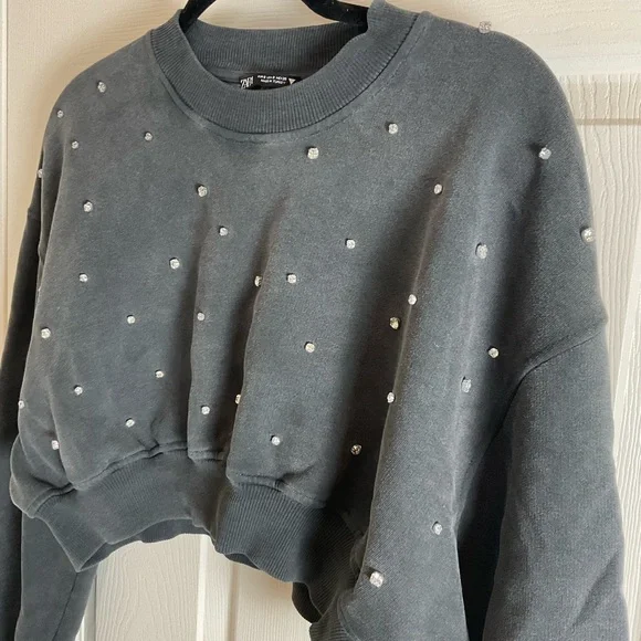 Zara Gray Cropped Jewel Studded Sweatshirt with Rhinestones Size small - Picture 5 of 11